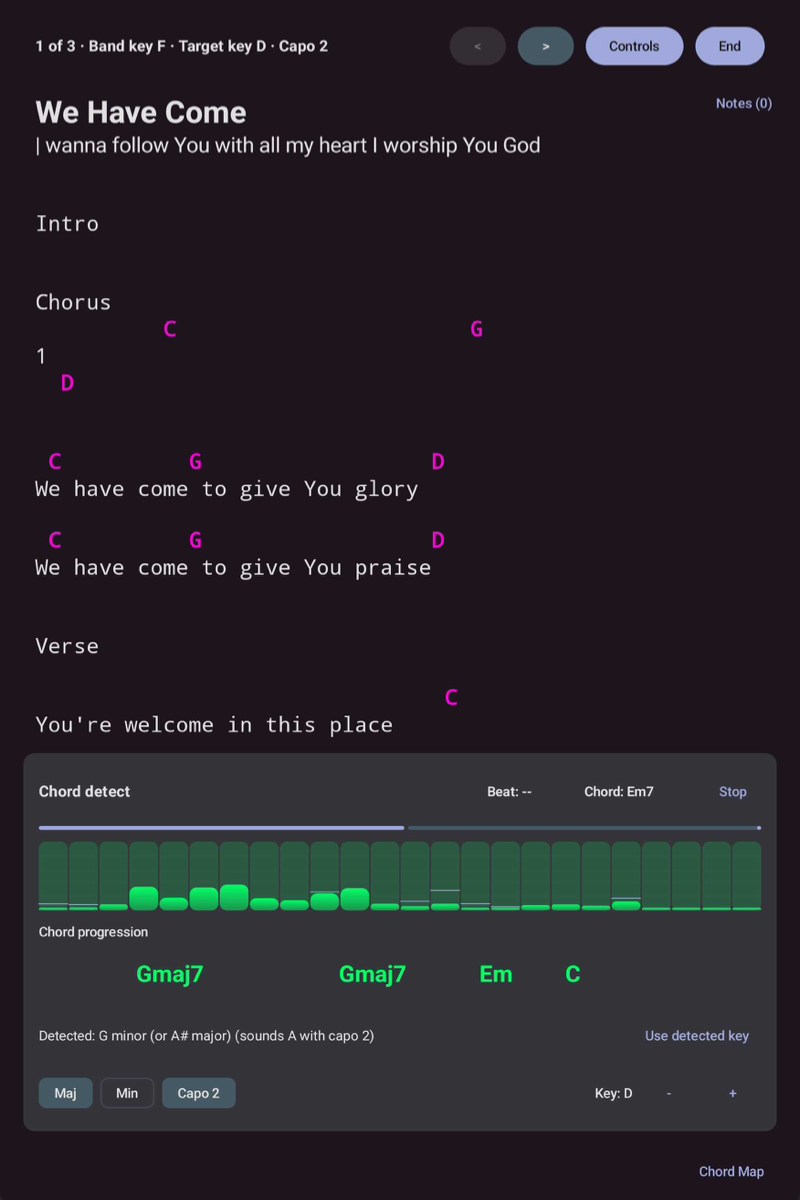 Never lose your place — live chord detection identifies what is being played, automatically.