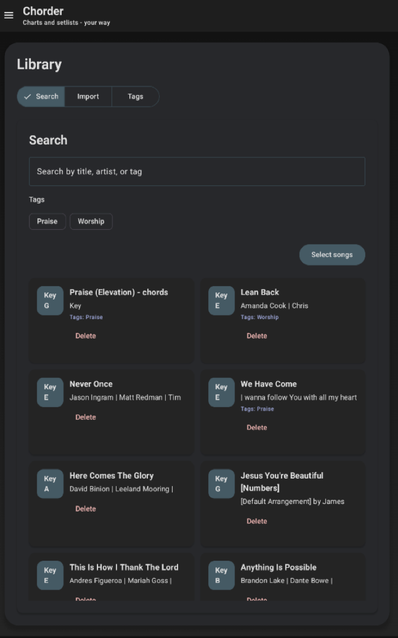 Your entire song catalog — searchable, taggable, instantly accessible.